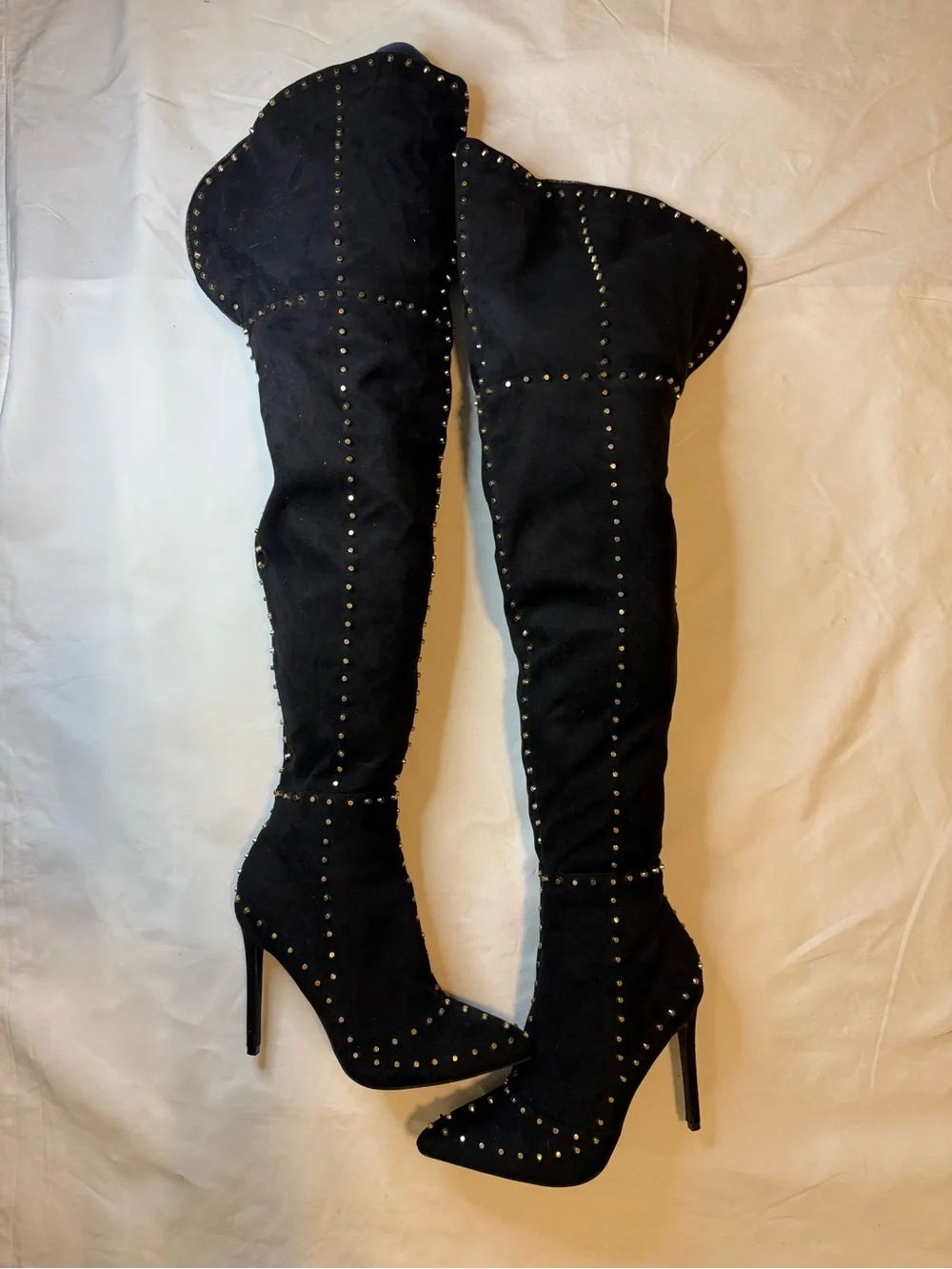 Black Over-the-Knee Stiletto Boots with Gold Studs